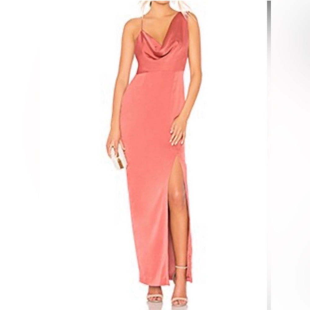 KEEPSAKE the Label One-Shoulder Satin Maxi Dress in Rust Red